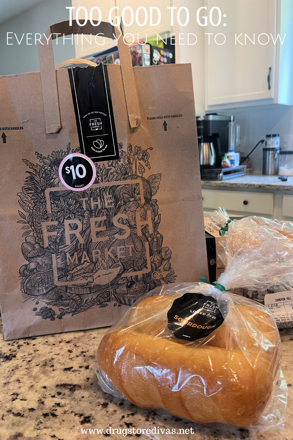 A brown bag from The Fresh Market grocery store with a $10 sticker on it and packaged bread in front with the words 