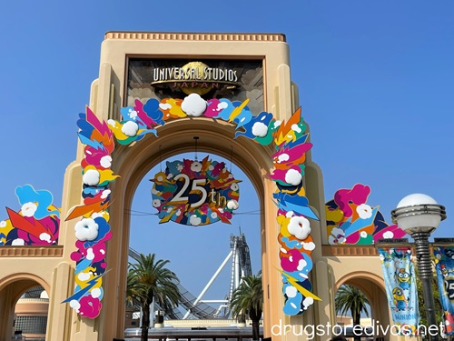The entrance to Universal Studios Japan decorated for its 25th anniversary.