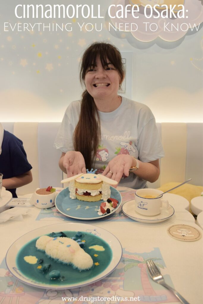 A woman sitting at a table with a cake and curry, plus a cup of soup, in front of her and the words "Cinnamoroll Cafe Osaka: Everything you need to know" digitally written above her.