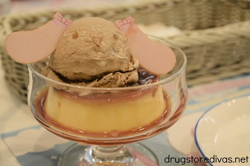 Japanese pudding with a scoop of ice cream that has a face on it on top at the Cinnamoroll Cafe in Osaka.