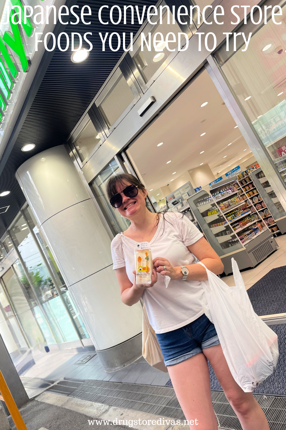 A woman in a white shirt and shorts holding a sandwich and a plastic bag in front of Family Mart with the words 