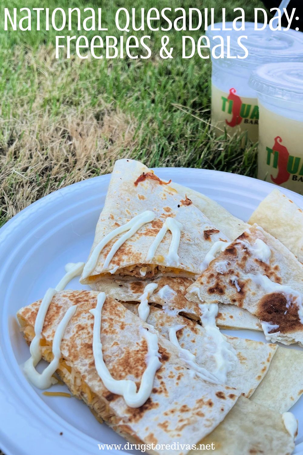 A quesadilla cut into pieces on a plate with two frozen drinks near it and the words 