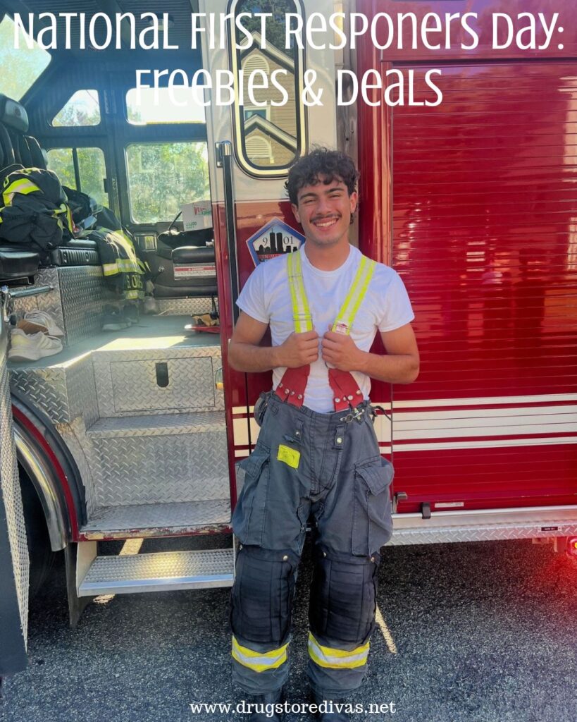 A teenage boy in a fireman's uniform in front of a fire truck with the words "National First Responders Day: Freebies & Deals" digitally written on top.