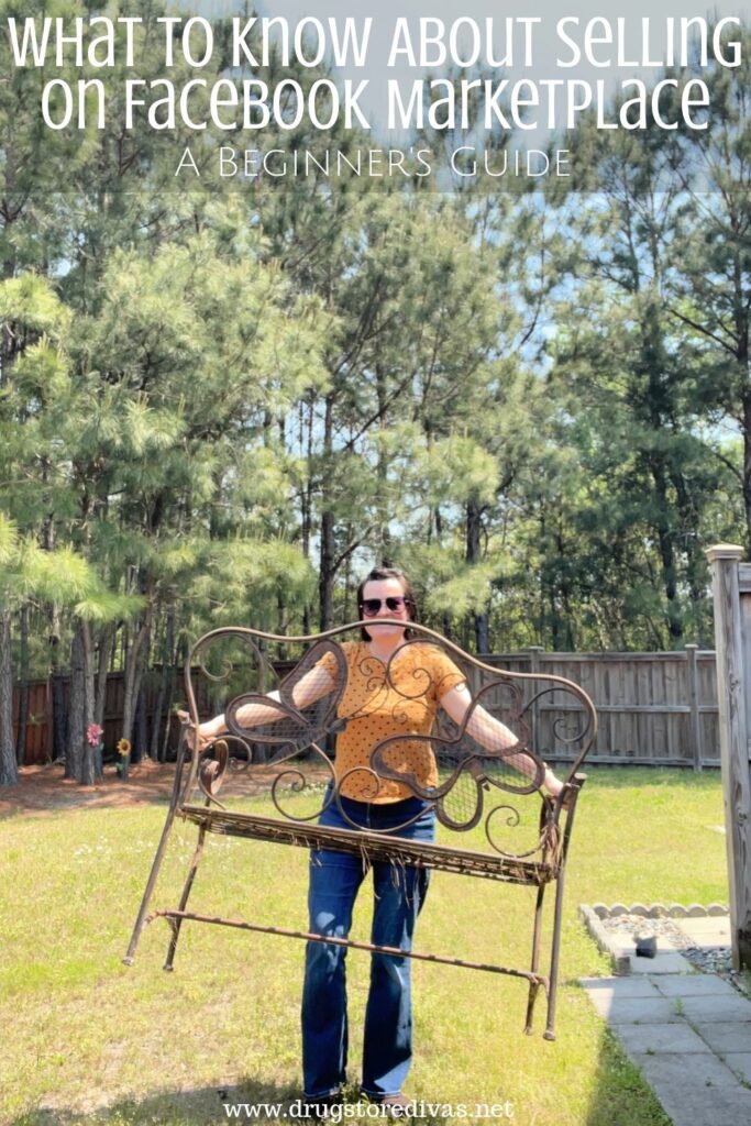 A woman in an orange shirt and jeans carrying a metal bench with butterflies on it in a backyard with the words "What To Know About Selling On Facebook Marketplace A Beginner's Guide" digitally written above her.